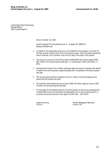 Thumbnail Bang & Olufsen A/S Quarterly Report 2003-q1
