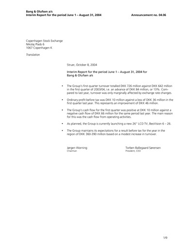 Thumbnail Bang & Olufsen A/S Quarterly Report 2004-q1