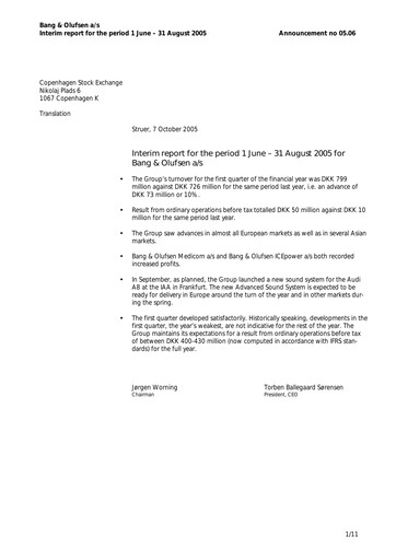 Thumbnail Bang & Olufsen A/S Quarterly Report 2005-q1