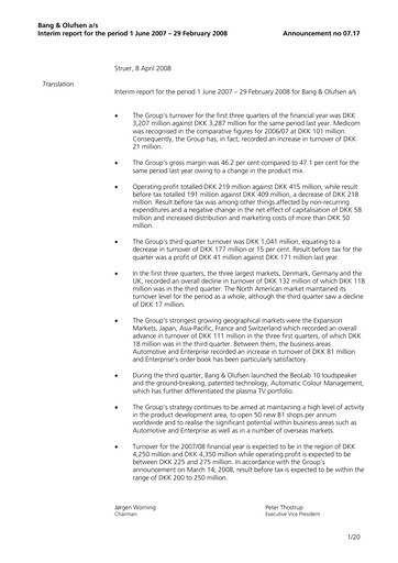 Thumbnail Bang & Olufsen A/S Quarterly Report 2007-q3