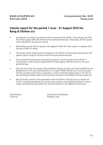 Thumbnail Bang & Olufsen A/S Quarterly Report 2010-q1