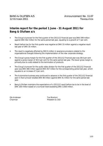 Thumbnail Bang & Olufsen A/S Quarterly Report 2011-q1