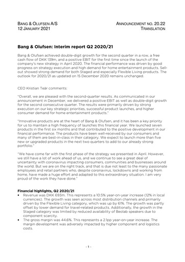 Thumbnail Bang & Olufsen A/S Quarterly Report 2020-q2