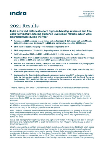 Thumbnail Indra Sistemas Financial Report 2021