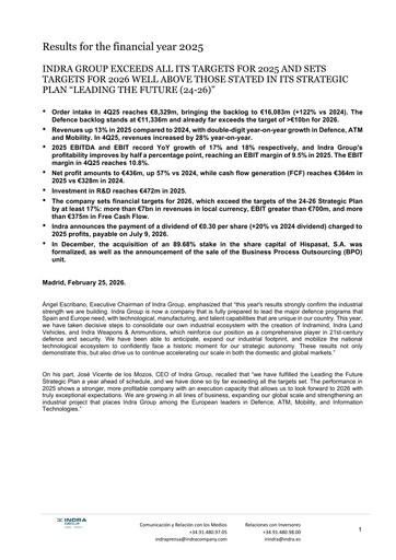 Miniature Indra Sistemas Rapport financier 2025
