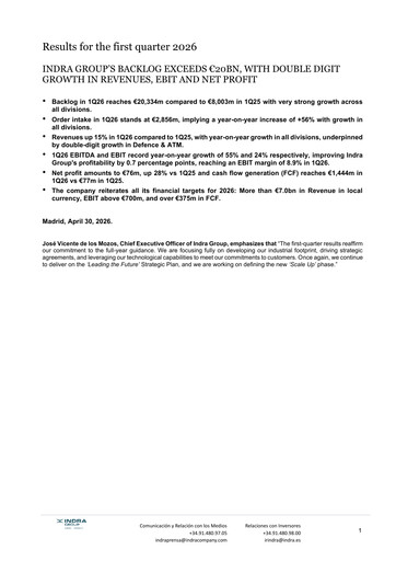Thumbnail Indra Sistemas Quarterly Report 2026-q1