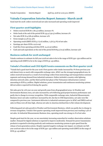Thumbnail Vaisala
 Quarterly Report 2018-q1