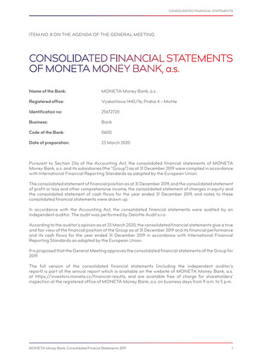 Thumbnail MONETA Money Bank Financial Statement 2019