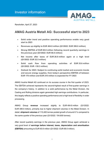 Miniature AMAG Austria Metall Rapport trimestriel 2023-q1