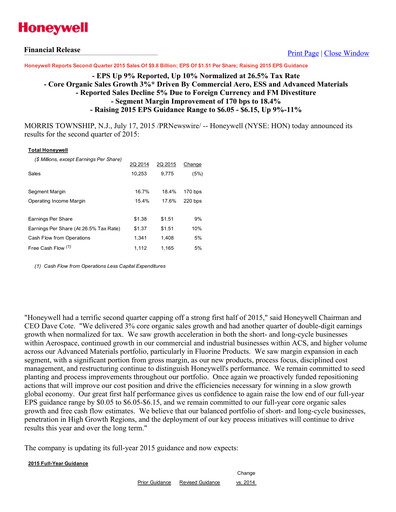 Thumbnail Honeywell Quarterly Report 2015-q2