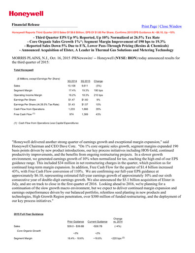 Thumbnail Honeywell Quarterly Report 2015-q3