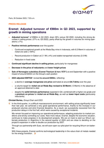 Thumbnail Eramet Quarterly Report 2023-q3