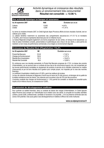 Miniature Caisse Régionale de Crédit Agricole Mutuel Alpes Provence Rapport trimestriel 2007-q3
