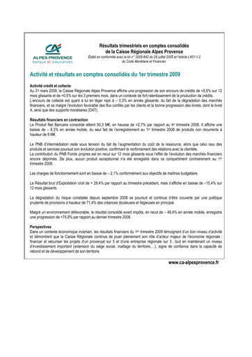 Miniature Caisse Régionale de Crédit Agricole Mutuel Alpes Provence Rapport trimestriel 2009-q1