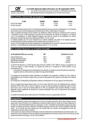 Miniature Caisse Régionale de Crédit Agricole Mutuel Alpes Provence Rapport trimestriel 2010-q3