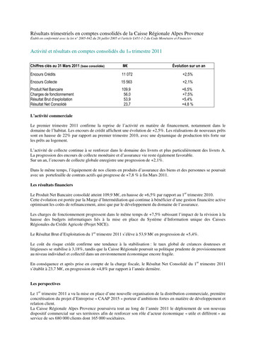 Miniature Caisse Régionale de Crédit Agricole Mutuel Alpes Provence Rapport trimestriel 2011-q1