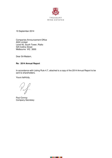 Thumbnail Treasury Wine Estates
 Annual Report 2014