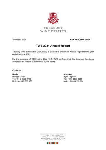Thumbnail Treasury Wine Estates
 Annual Report 2021