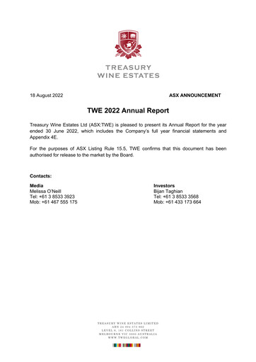 Thumbnail Treasury Wine Estates
 Annual Report 2022