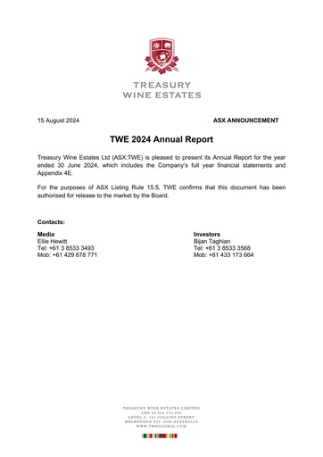 Thumbnail Treasury Wine Estates
 Annual Report 2024