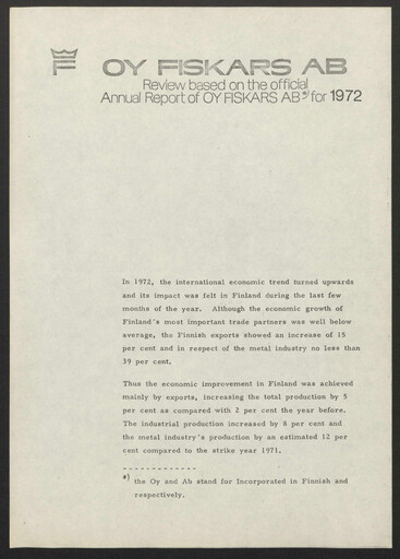 Thumbnail Fiskars Annual Report 1972