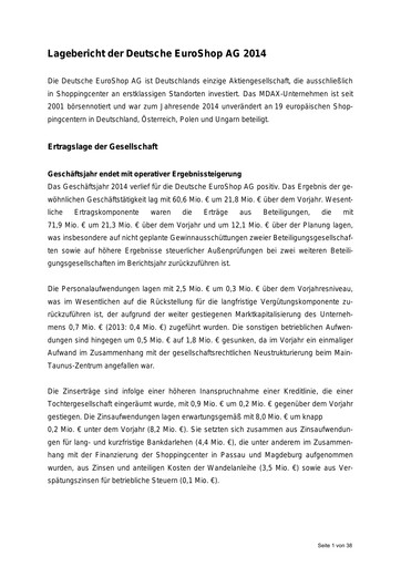 Thumbnail Deutsche EuroShop Financial Statement 2014