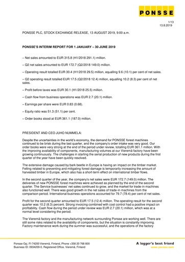 Thumbnail Ponsse Half-year Report 2019-h1