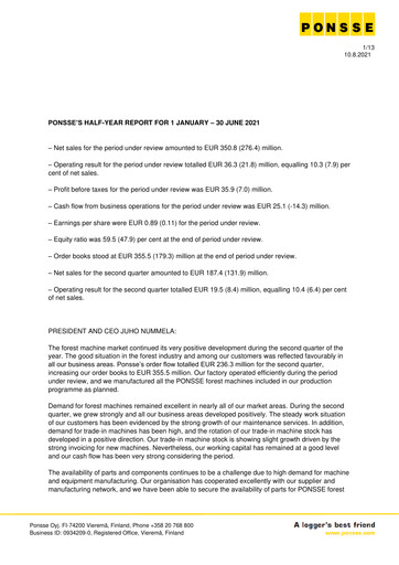 Thumbnail Ponsse Half-year Report 2021-h1