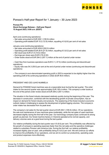 Thumbnail Ponsse Half-year Report 2023-h1