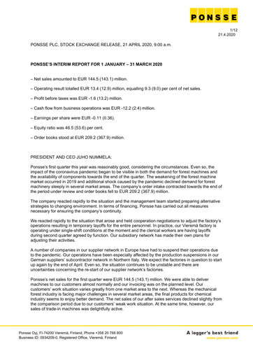 Thumbnail Ponsse Quarterly Report 2020-q1