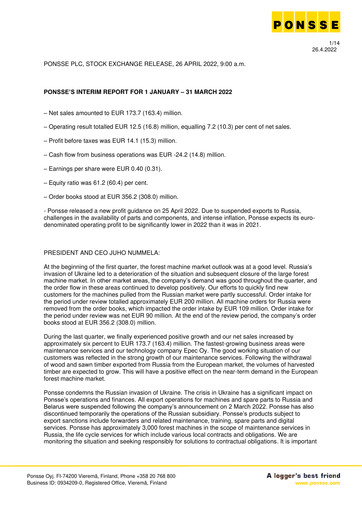 Thumbnail Ponsse Quarterly Report 2022-q1