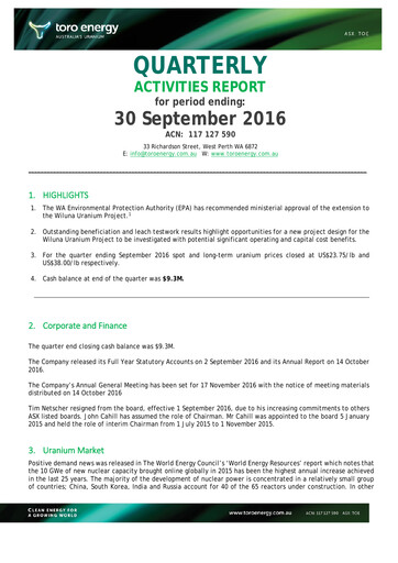 Vorschaubild Toro Energy Quartalsbericht 2016-q3