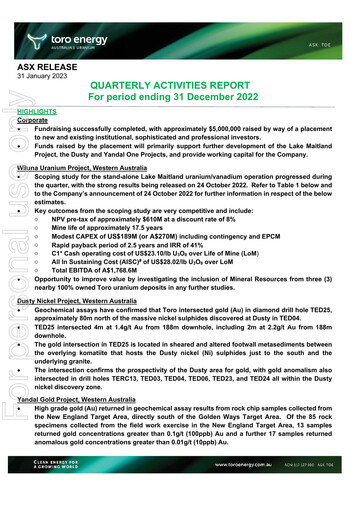 Thumbnail Toro Energy Quarterly Report 2022-q4