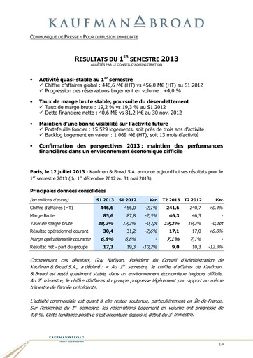 Thumbnail Kaufman & Broad Half-year Report 2013-h1