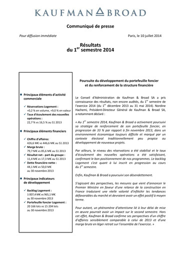 Thumbnail Kaufman & Broad Half-year Report 2014-h1