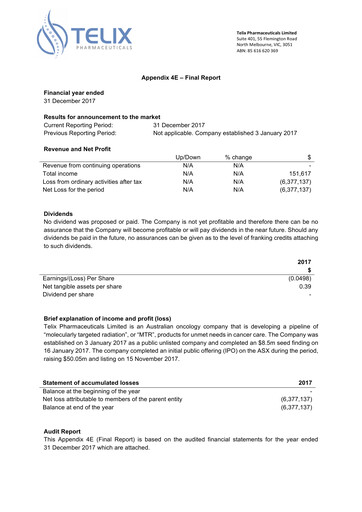 Thumbnail Telix Pharmaceuticals Annual Report 2017