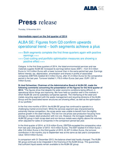 Miniature ALBA SE Rapport trimestriel 2014-q3