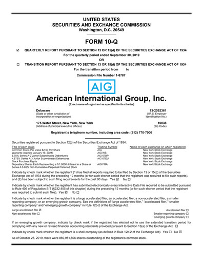 Thumbnail American International Group Quarterly Report 2019-q3