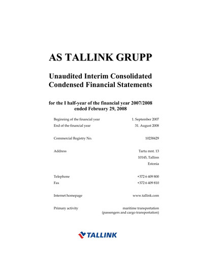 Thumbnail Tallink Grupp Financial Statement 2008-h1