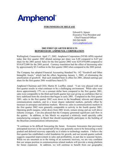 Thumbnail Amphenol Quarterly Report 2002-q1