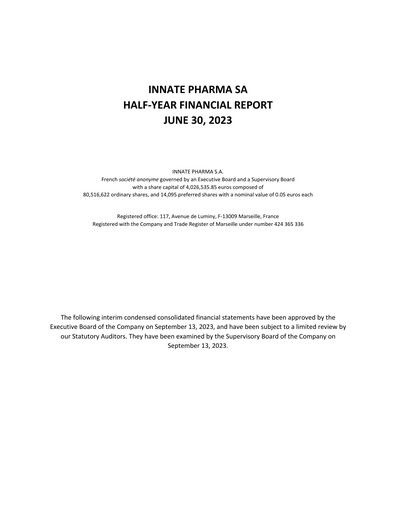 Miniature Innate Pharma
 Rapport semestriel 2023-h1