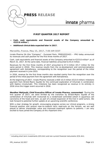 Miniature Innate Pharma
 Rapport trimestriel 2017-q1