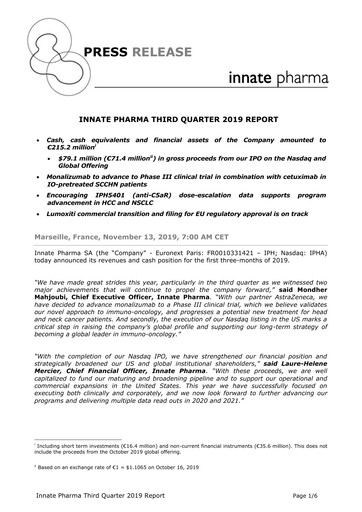 Miniature Innate Pharma
 Rapport trimestriel 2019-q3