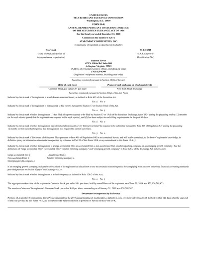 Thumbnail AvalonBay Communities Financial Report 2018