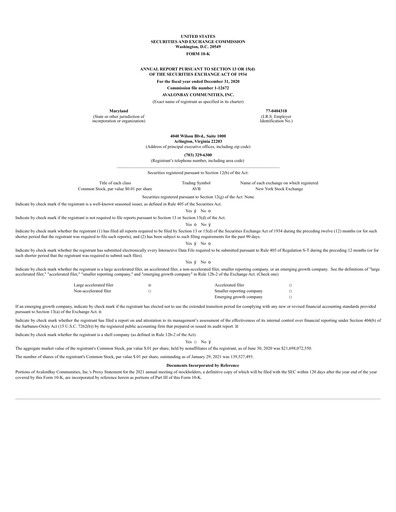 Thumbnail AvalonBay Communities Financial Report 2020