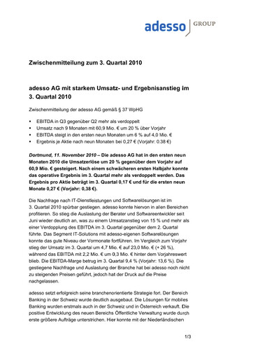 Thumbnail adesso SE Quarterly Report 2010-q3