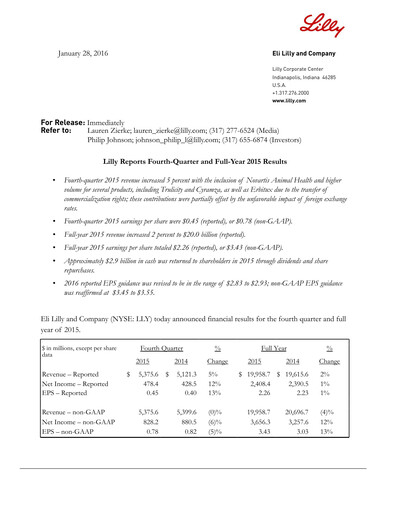 Miniature Eli Lilly Rapport trimestriel 2015-q4