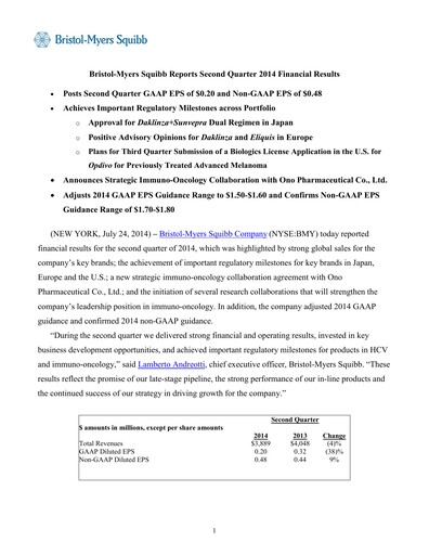 Thumbnail Bristol-Myers Squibb Quarterly Report 2014-q2