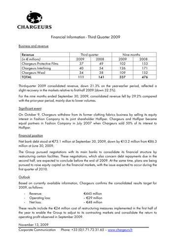 Thumbnail Chargeurs Quarterly Report 2009-q3