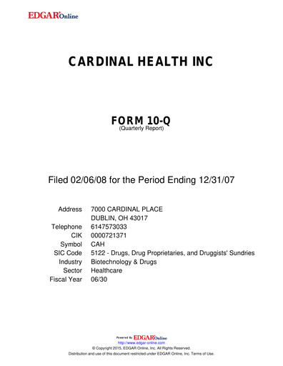 Thumbnail Cardinal Health Quarterly Report 2008-q2